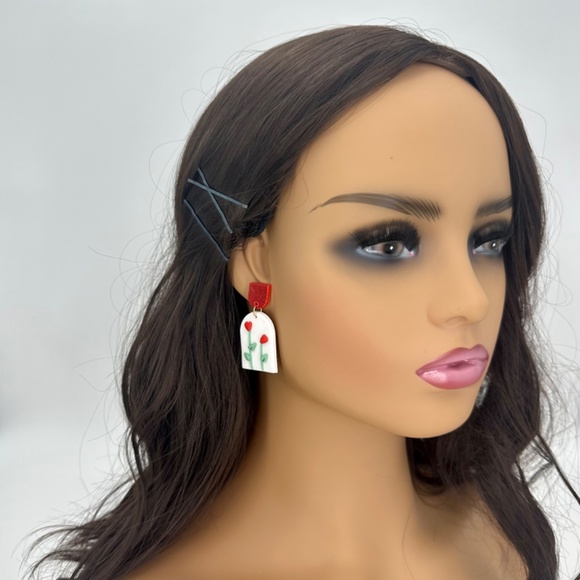 Glamorous 3D Red Floral Drop Earrings - Picture 3 of 4